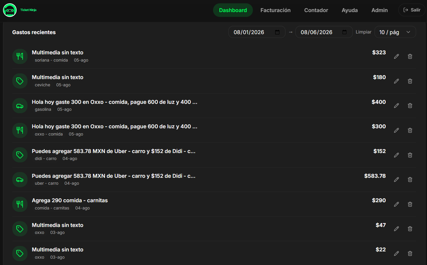 Lista de tickets con edición al instante — vista desktop